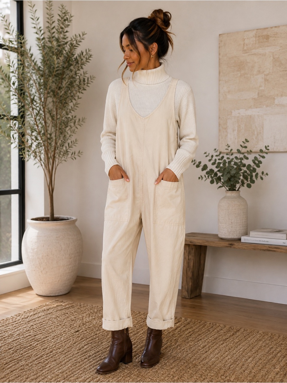 Free People High Roller Utility Denim Jumpsuit Cream Size XL NWOT